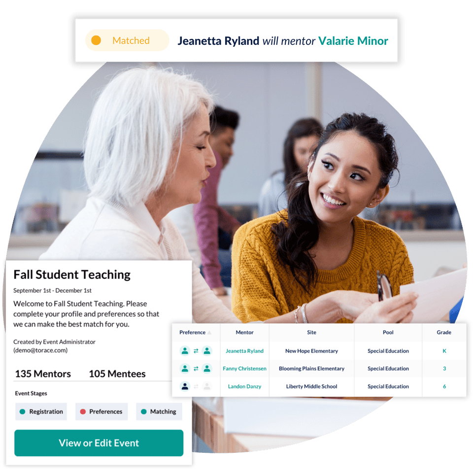 An older female cooperating teacher is mentoring a young Asian female student teacher attending an educator preparation program.